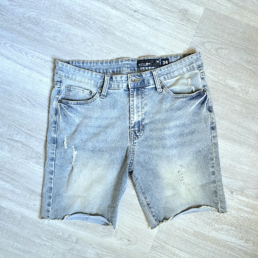 Hollister |  Faded Blue Denim Cut Off Shorts | Distressed " W X Y Z" slim Sz 34